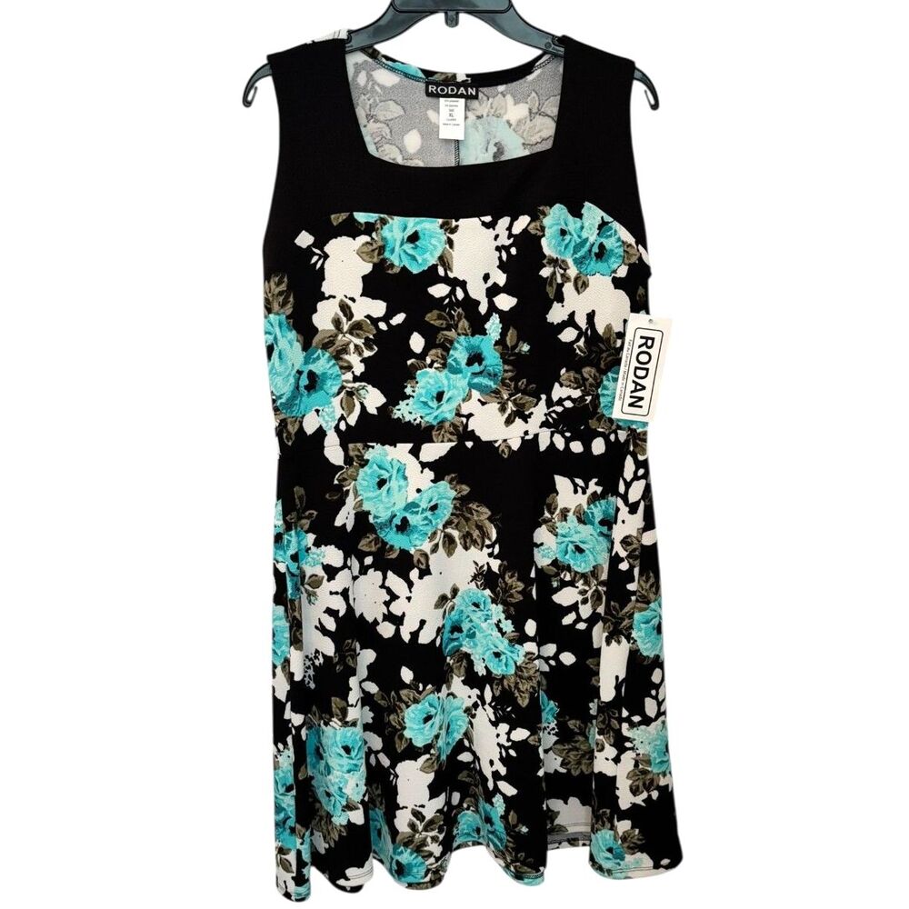Rodan Floral Fit & Flare Dress XL Black Blue Sleeveless NWT